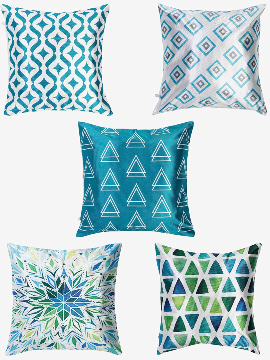 TAG 7 White & Blue Set of 5 Geometric Square Cushion Covers Price in India