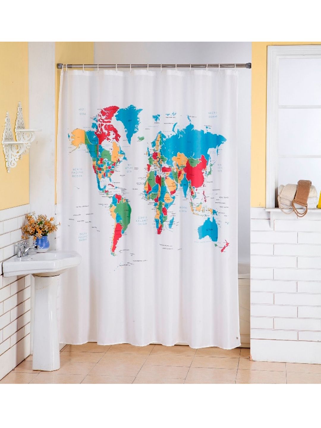 Lushomes White & Blue World Map Design Digital Printed Shower Curtain Price in India