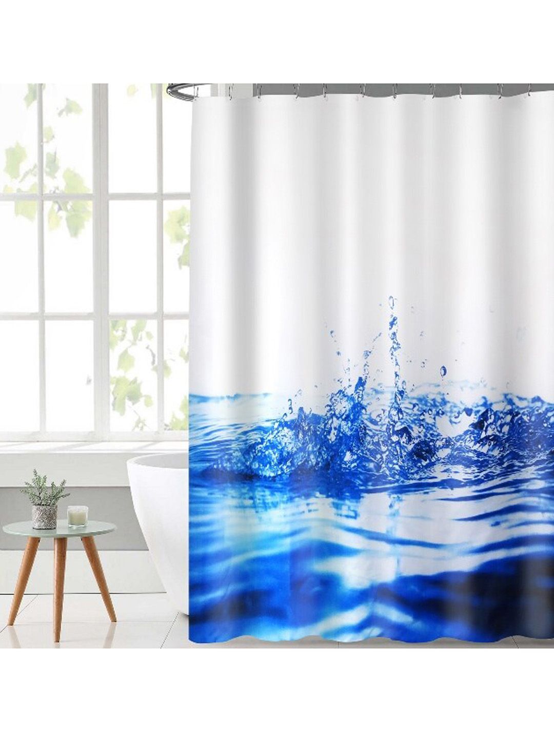 Lushomes White & Blue Digital Printed Shower Curtain with 12 Eyelet and 12 Hook Price in India