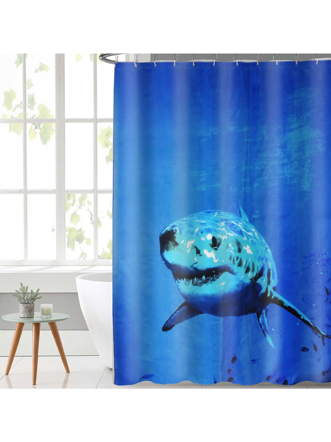 Lushomes Blue Digital Printed Shower Curtain with 12 Eyelet and 12 Hook Price in India
