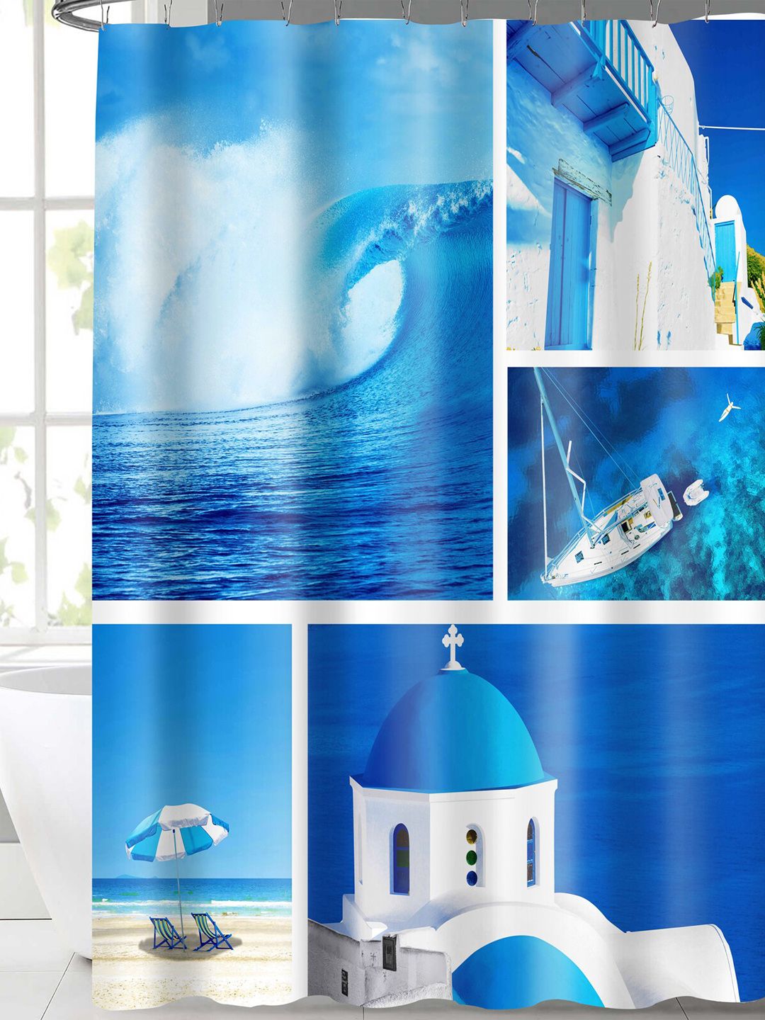 Lushomes White & Blue Digital Printed Shower Curtain with 12 Eyelet and 12 Hook Price in India