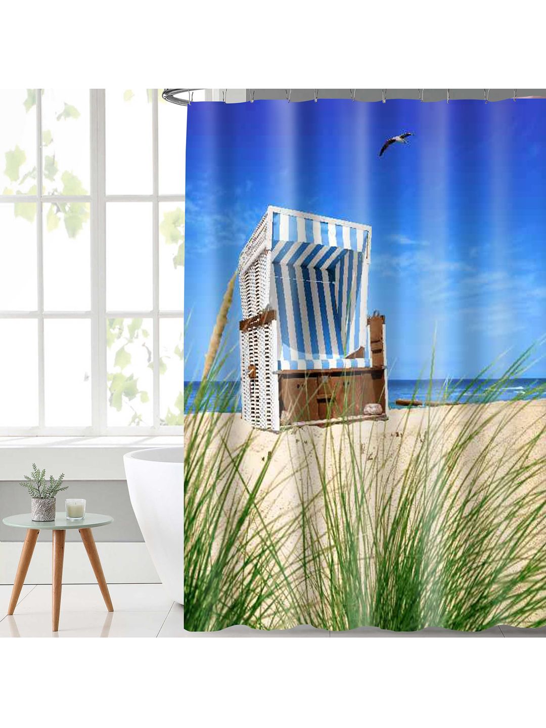 Lushomes Blue & Green Beach Chair Digital Printed Waterproof Shower Curtain Price in India