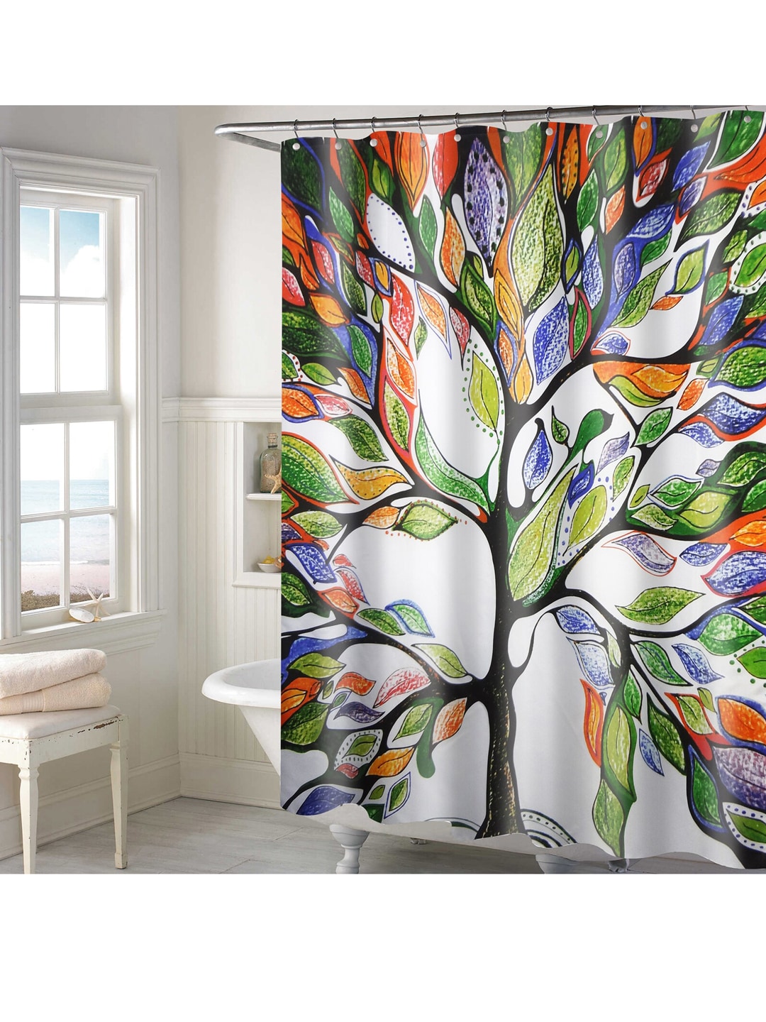 Lushomes White & Black Digital Printed Shower Curtain with 12 Eyelet and 12 Hook Price in India