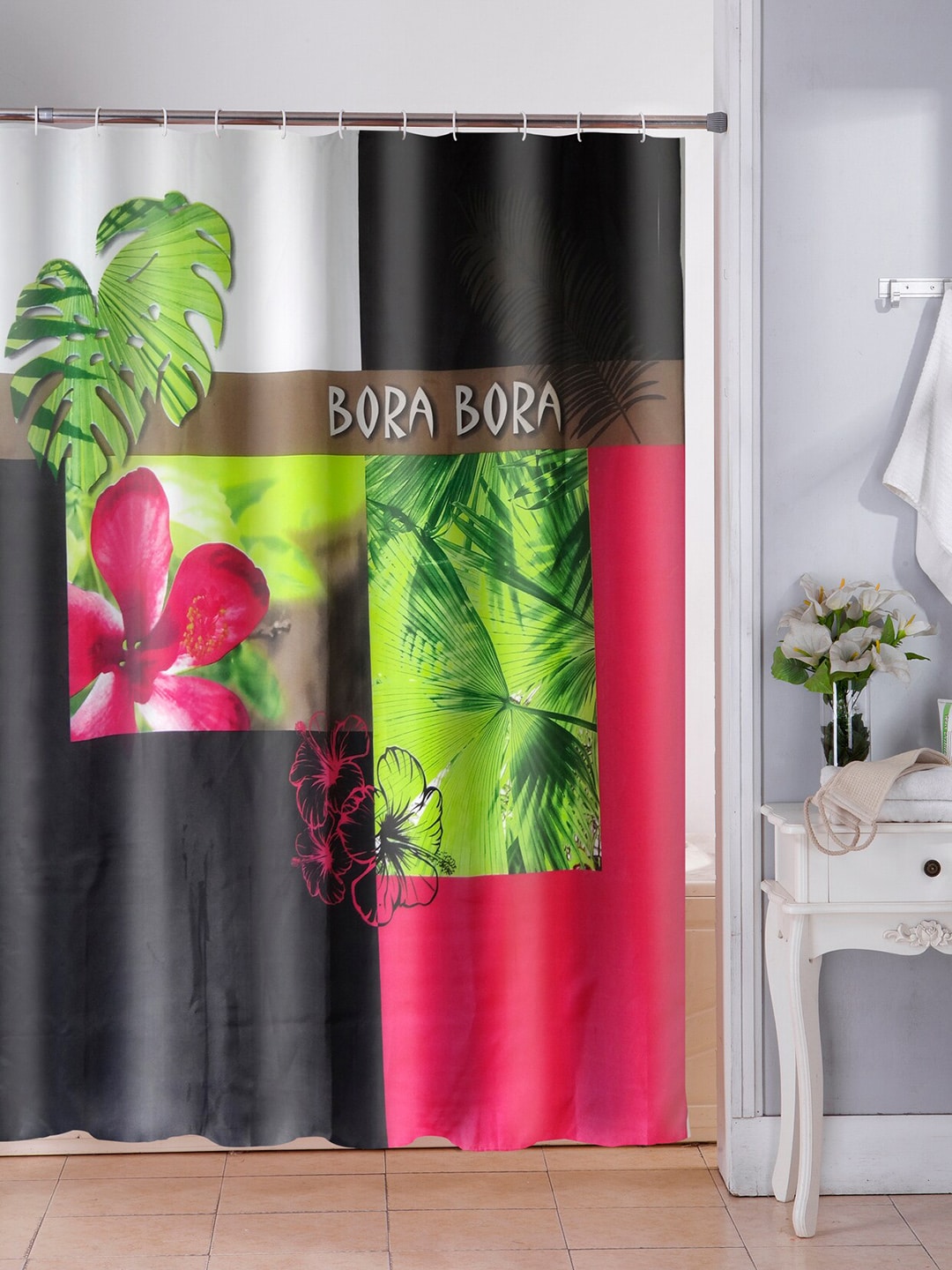 Lushomes Black & Green Digital Printed Shower Curtain with 12 Eyelets Price in India