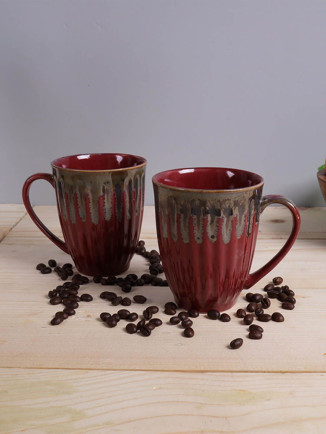 Homesake Set of 2 Red & Grey Textured Ceramic Glossy Mugs Price in India
