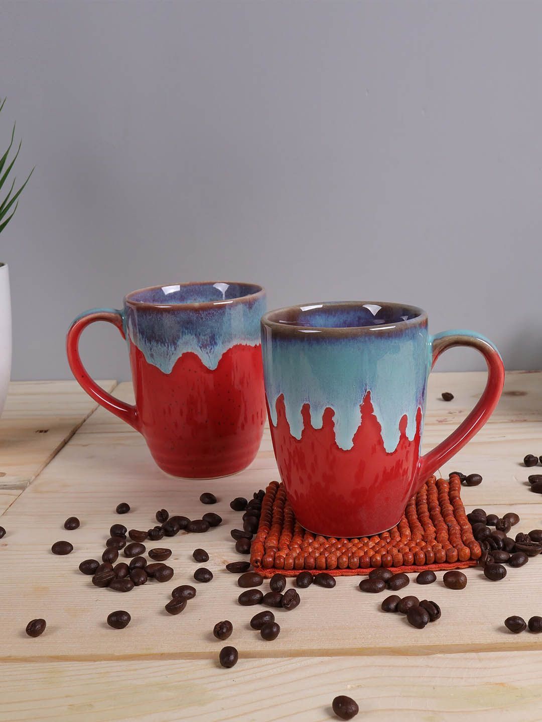 Homesake Set of 2 Red & Turquoise Blue Printed Ceramic Glossy Mugs Price in India