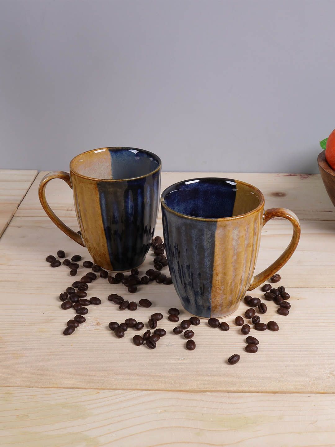 Homesake Yellow & Navy Blue Handcrafted Ceramic Glossy Mugs Set of 2 Price in India