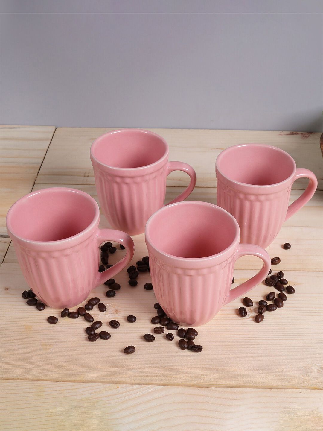 Homesake Set-4 Pink Handcrafted Textured Ceramic Glossy Mug and Bowl Price in India