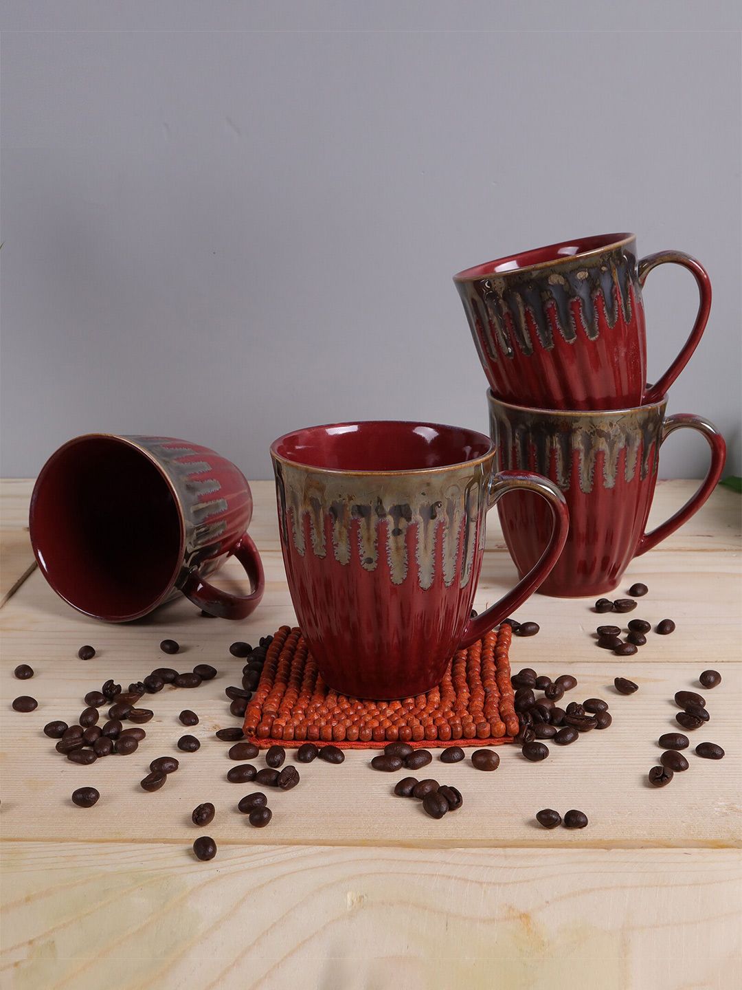 Homesake Set Of 4 Red & Grey Handmade Textured Ceramic Glossy Irish Coffee Mugs Price in India