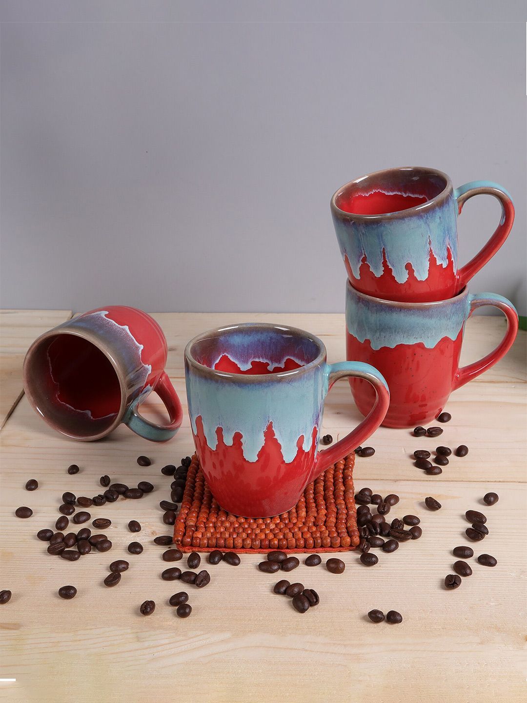 Homesake Red & Blue Set of 4 Handcrafted Printed Ceramic Glossy Mugs Price in India