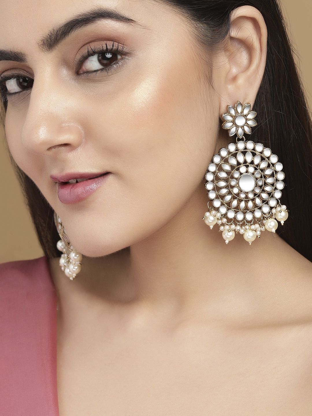 Rubans Gold-Toned & White Pearl Circular Drop Earrings Price in India