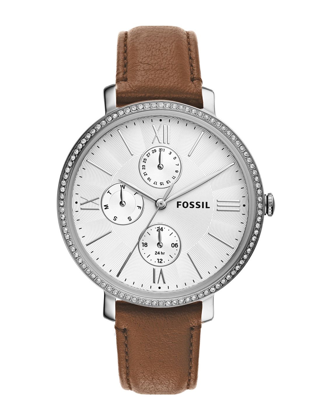 Fossil Women Silver-Toned Embellished Dial & Brown Leather Straps Analogue Watch ES5095 Price in India