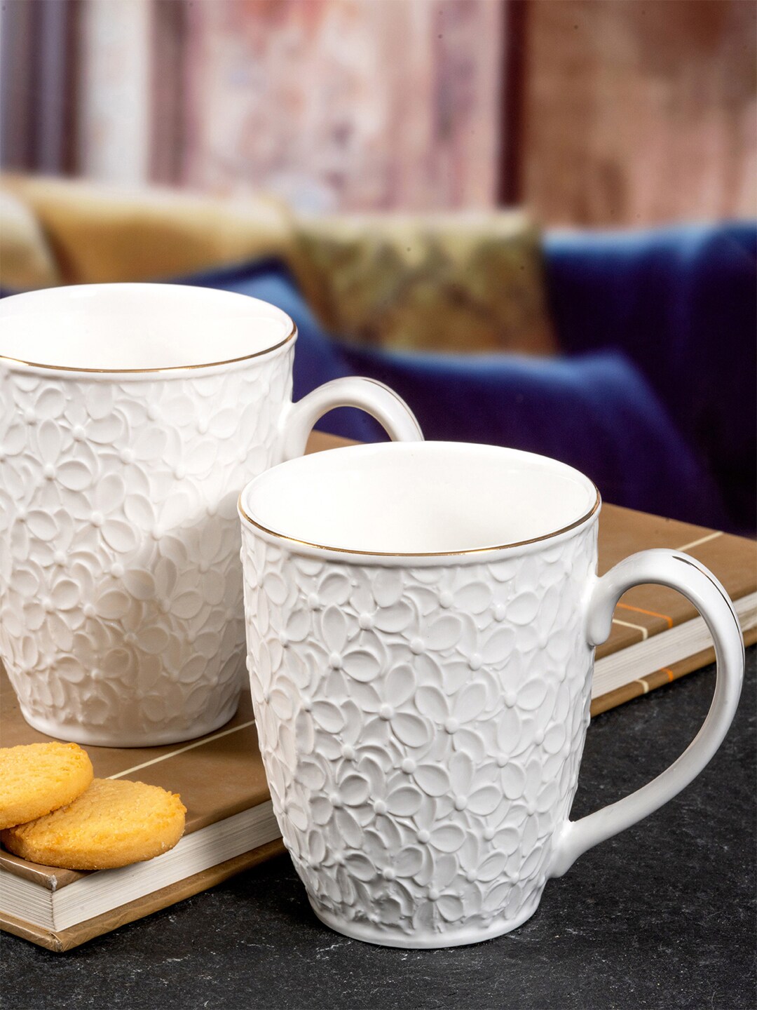 White Gold White Floral Textured Porcelain Glossy Mugs Set of Cups and Mugs Price in India