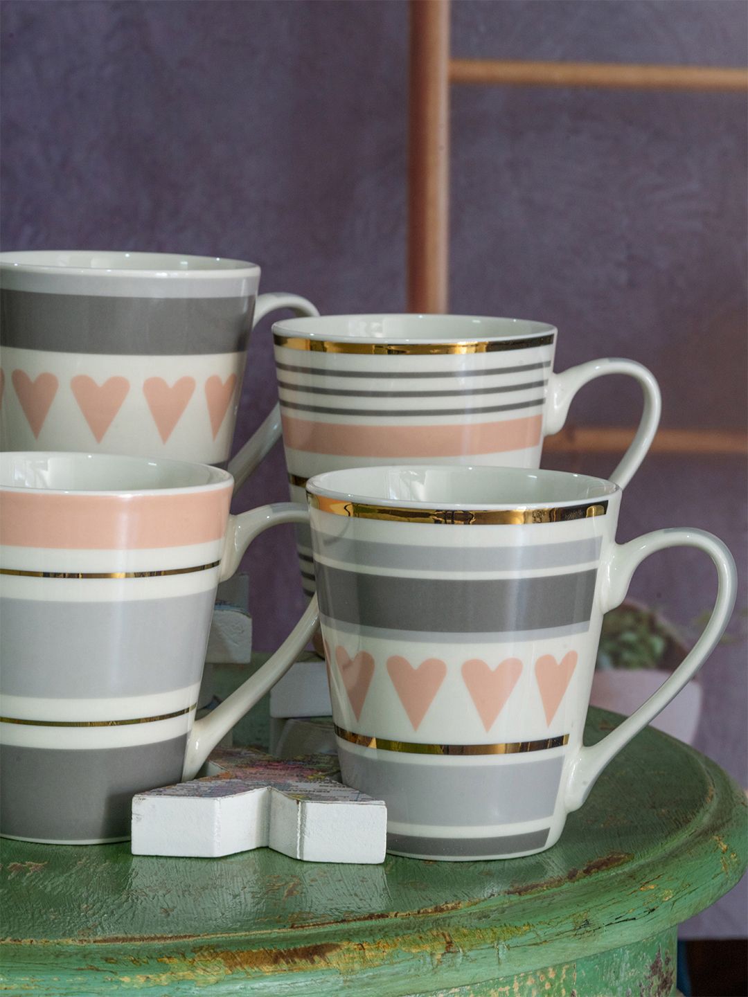 White Gold Set-4 White & Grey Ethnic Motifs Printed Porcelain Glossy Mugs Price in India