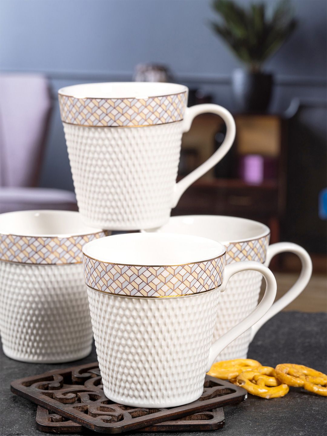 White Gold White & Gold-Toned Geometric Textured Porcelain Glossy Mugs Set of Cups and Mugs Price in India