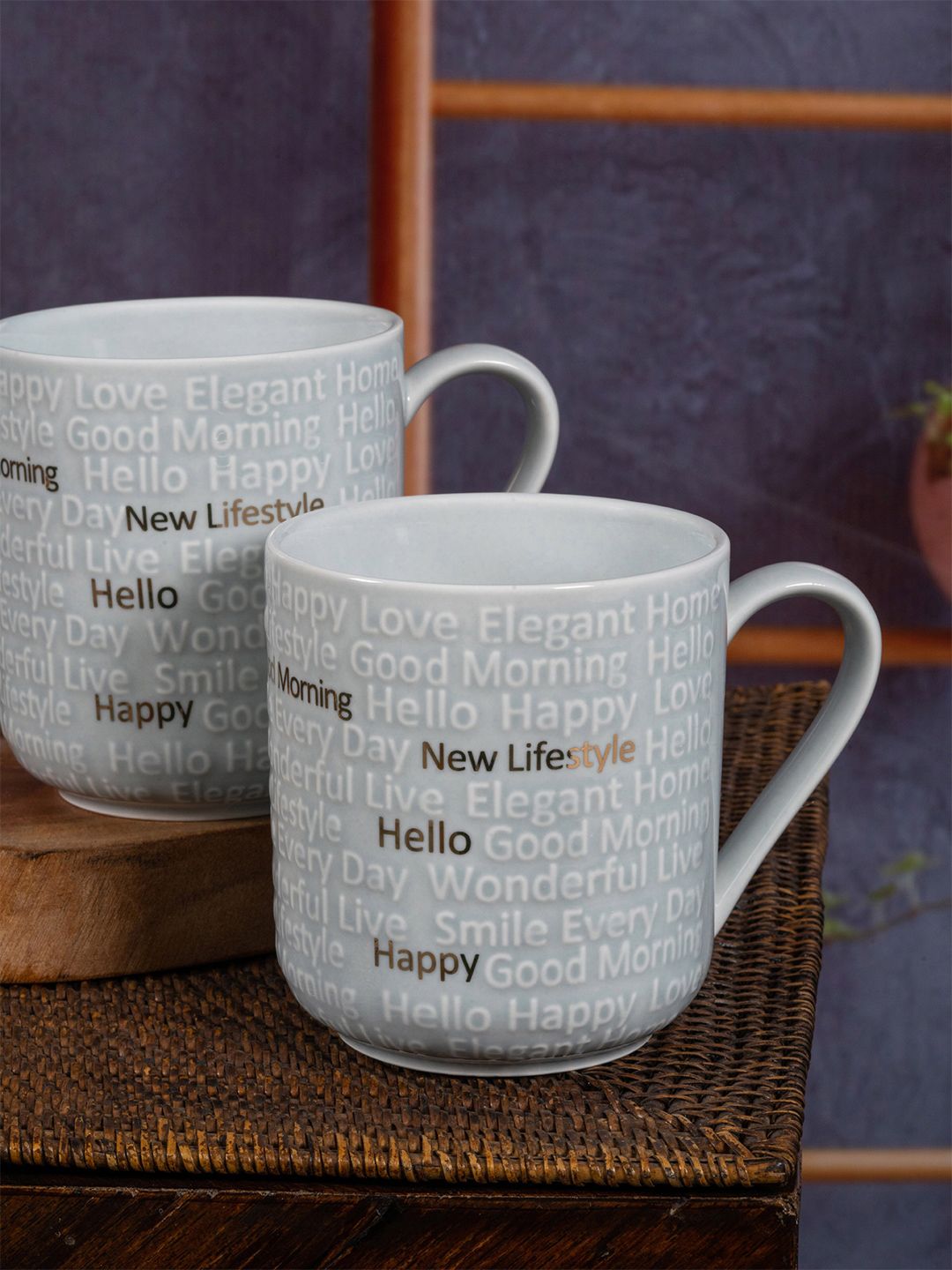 White Gold Grey & Gold-Toned Set Of 2 Text or Slogans Printed Porcelain Glossy Mug Set Price in India