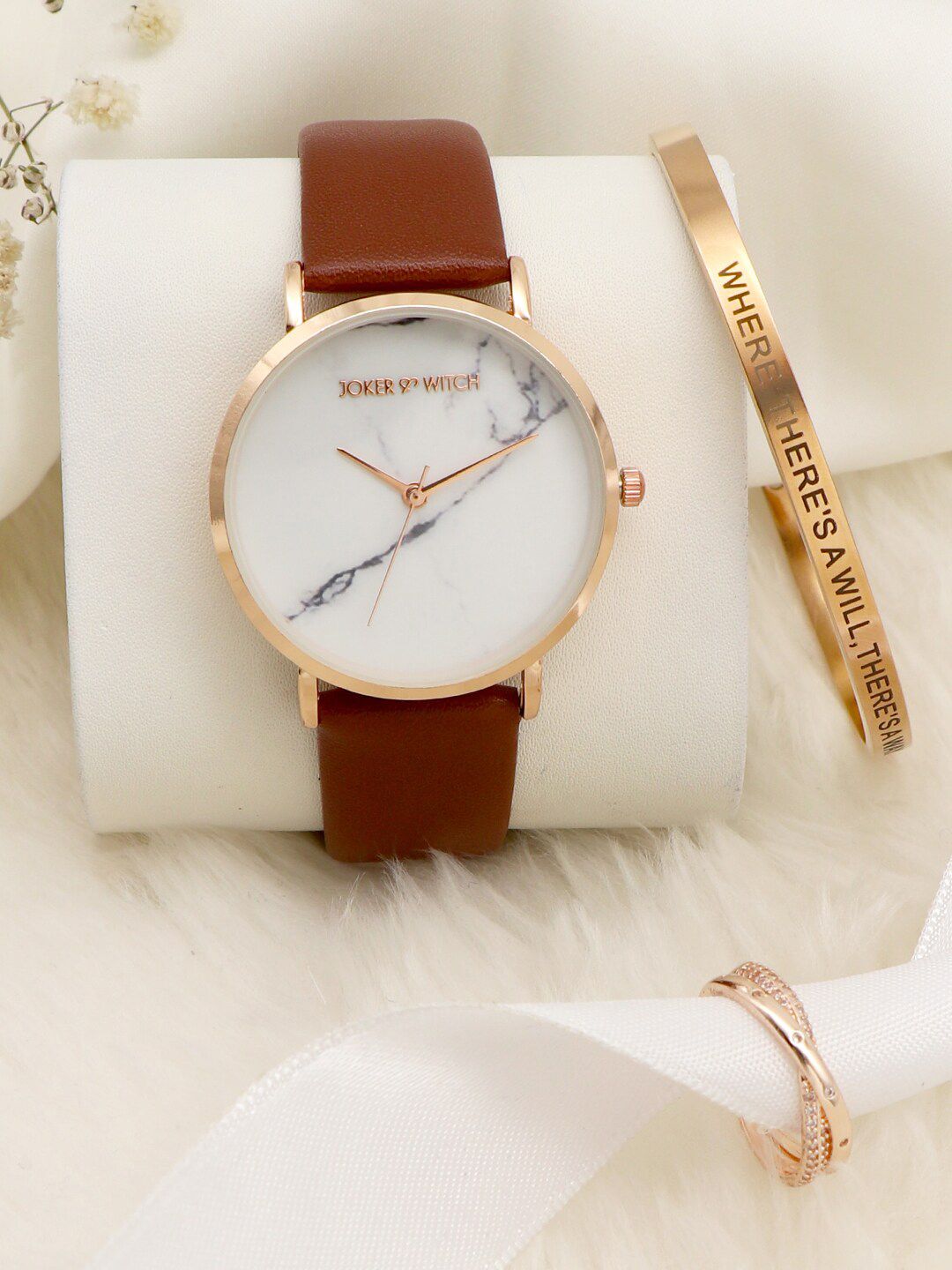 JOKER & WITCH Women White & Tan Brown Love Triangle Watch Gift Set JWLT360