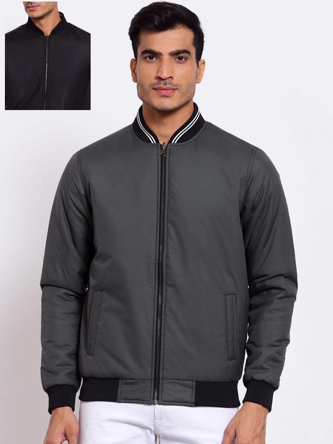 Style Quotient Men Olive Green Black Reversible Outdoor Bomber Jacket