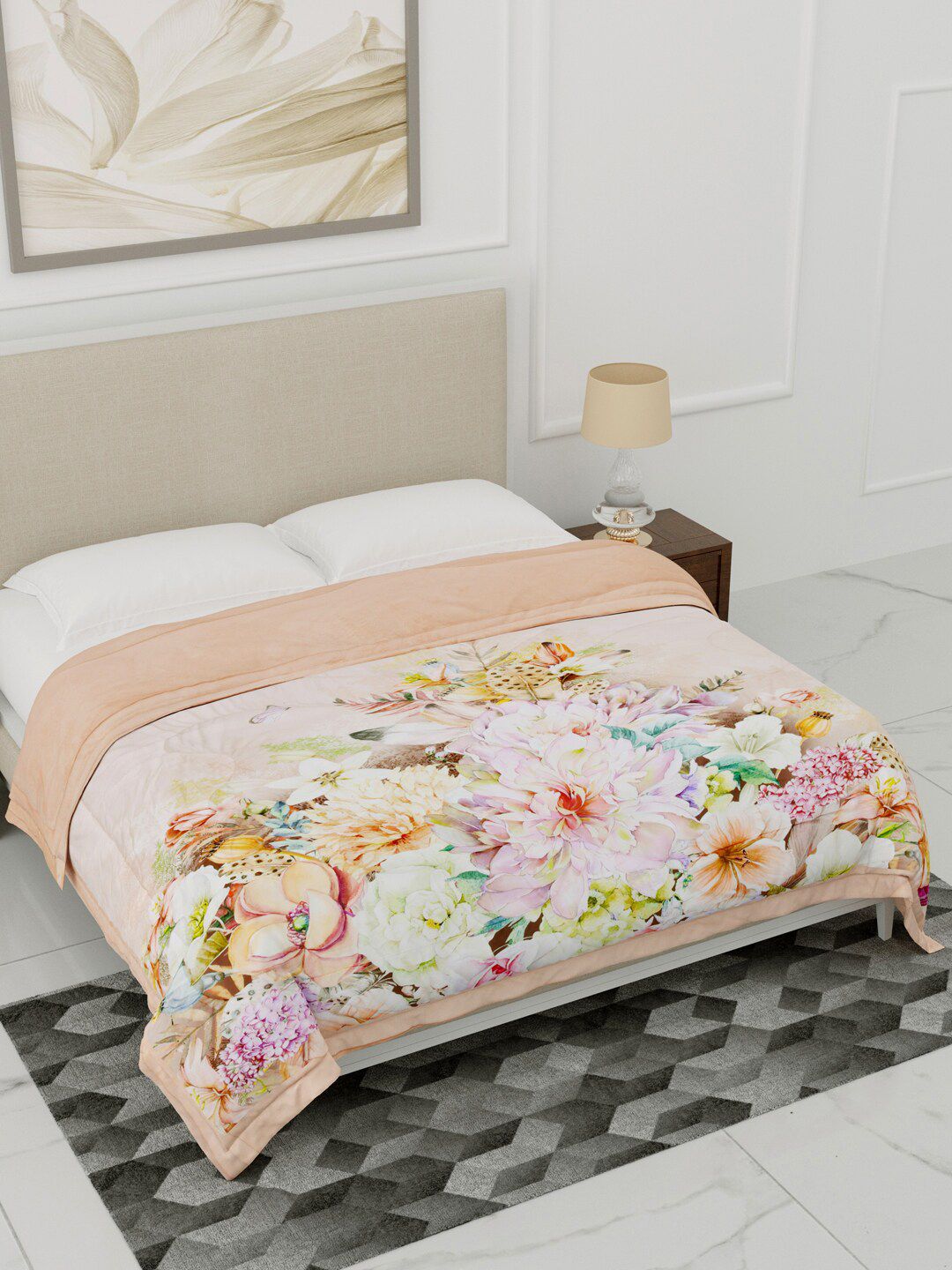 Home Fresh Peach-Coloured & Pink Floral Heavy Winter Single Bed Comforter Price in India