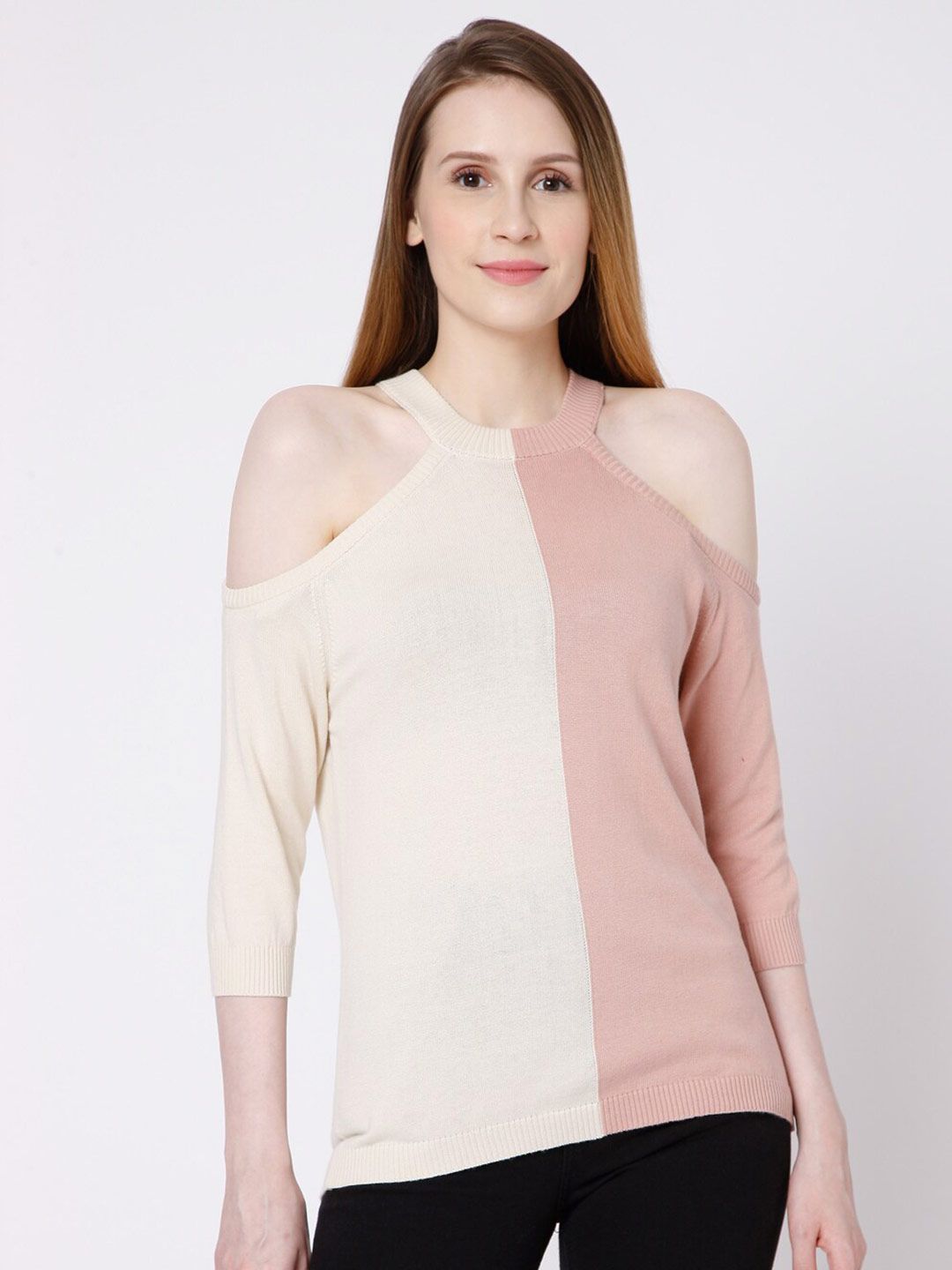 Vero Moda Women Pink & White Colourblocked Pullover Price in India