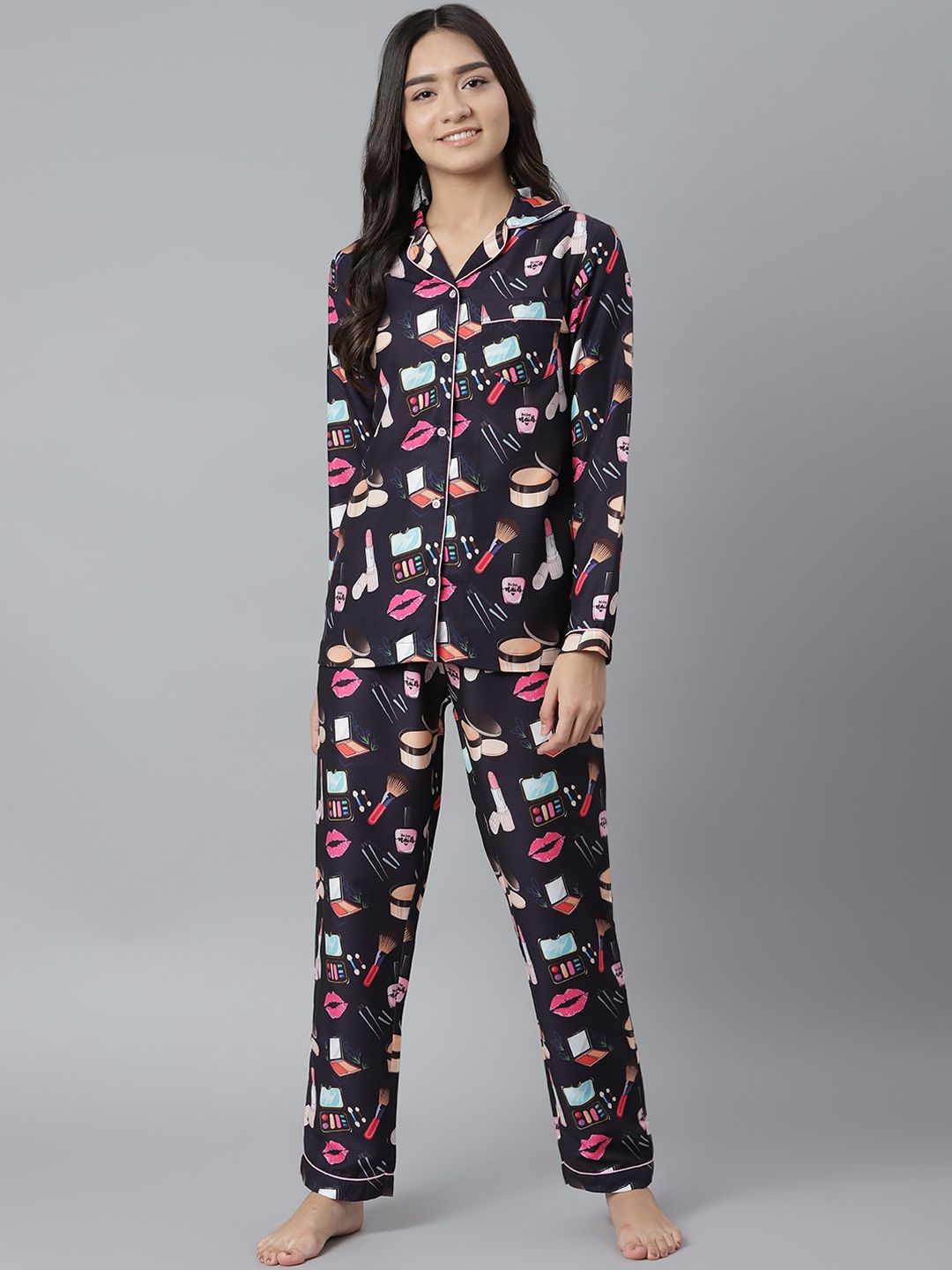 MIDNIGHT ANGELS BY PC Women Navy Blue & Pink Conversational Printed Night Suit Price in India