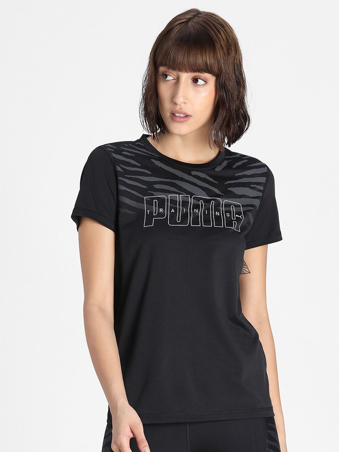 Puma Women Black & Off White Brand Logo Printed T-shirt Price in India