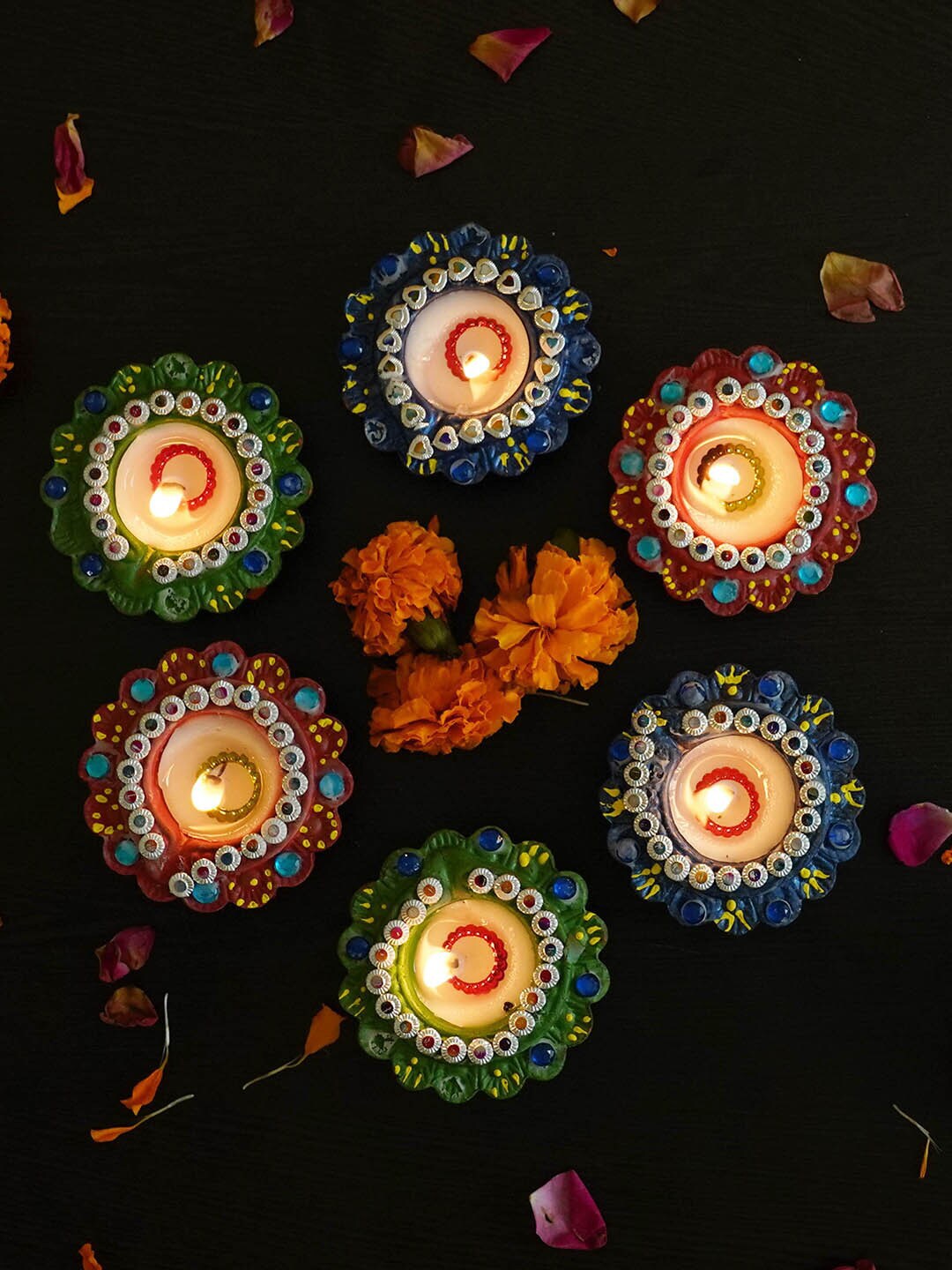 TIED RIBBONS Set of 6 Handcrafted Wax Filled Terracotta Diyas Diwali Candle Holder Price in India