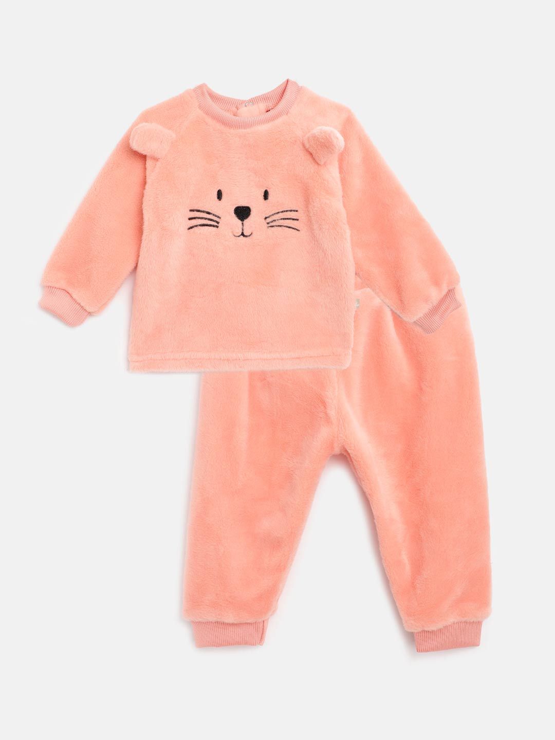 Moms Love Infant Girls Peach-Coloured Pure Cotton Faux Fur Solid Sweatshirt with Joggers