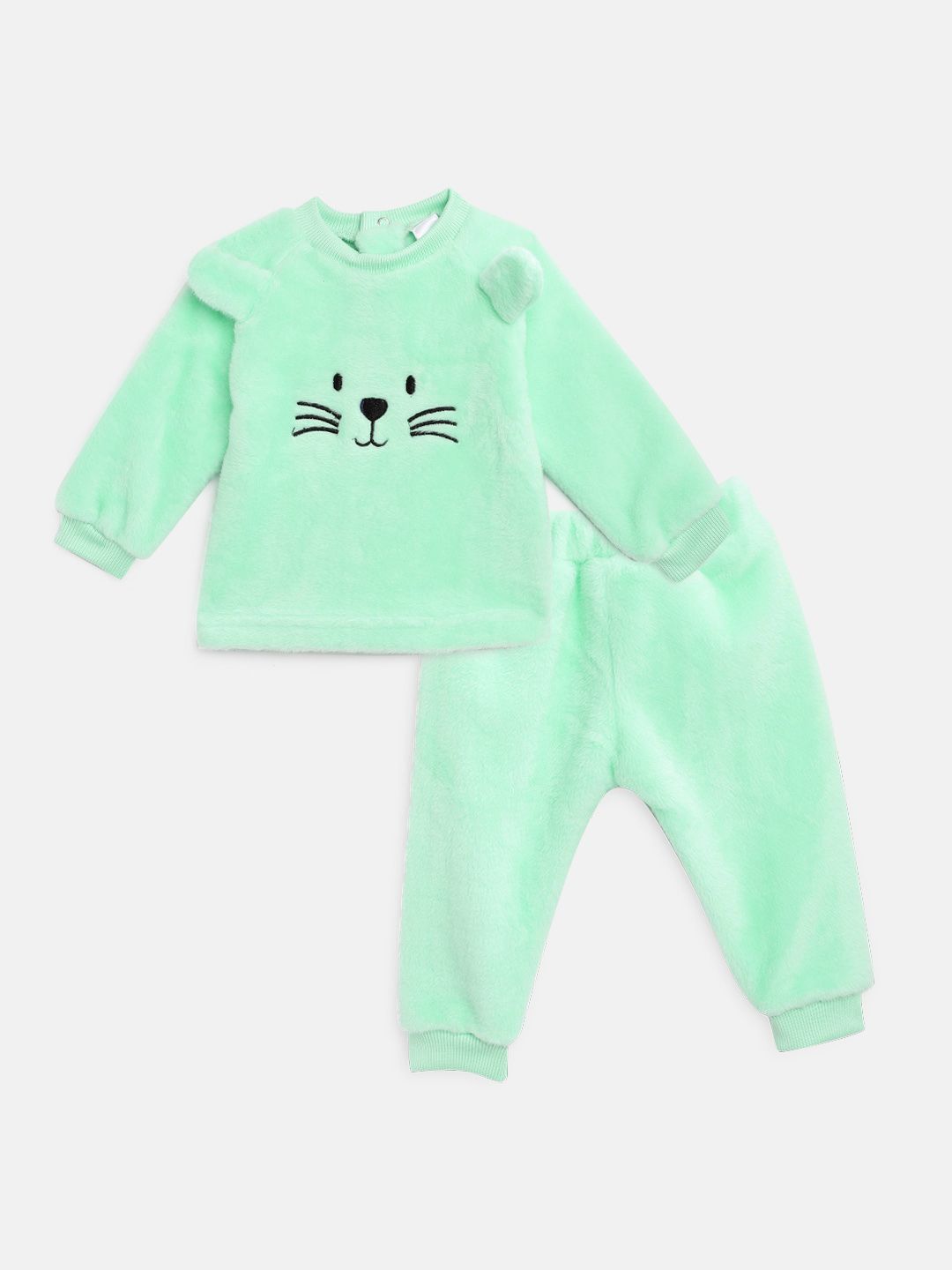 Moms Love Infant Girls Sea Green Pure Cotton Faux Fur Solid Sweatshirt with Joggers