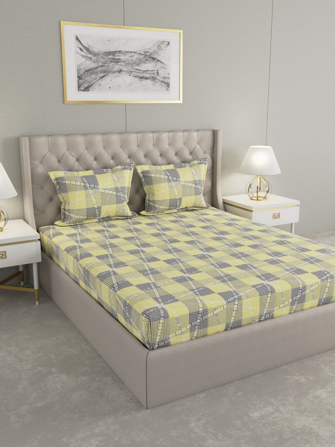 Raymond Home Yellow & Grey Geometric 104 TC Queen Bedsheet with 2 Pillow Covers Price in India