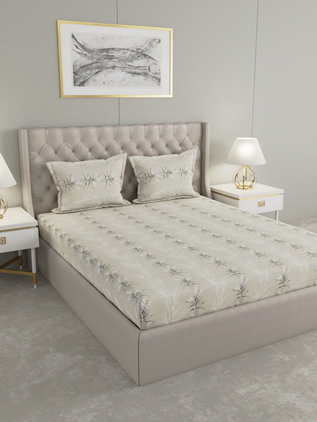 Raymond Home Grey & White Floral 104 TC Queen Bedsheet with 2 Pillow Covers Price in India