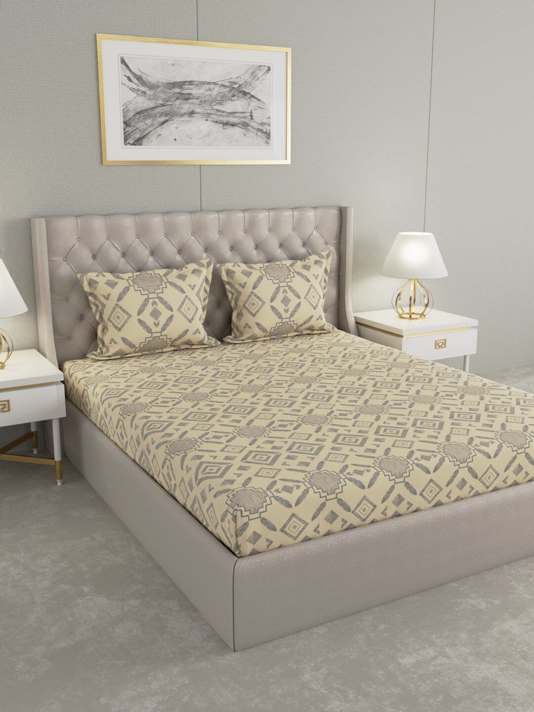 Raymond Home Yellow & Grey Ethnic Motifs 104 TC Queen Bedsheet with 2 Pillow Covers Price in India