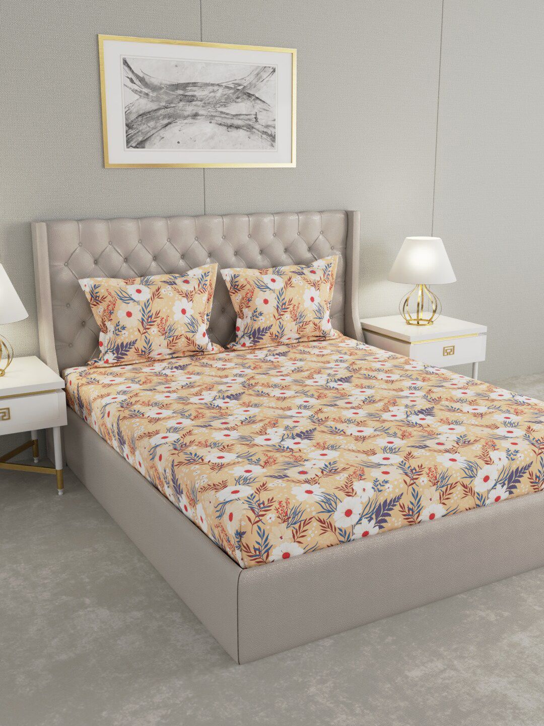 Raymond Home Beige & White Floral 104 TC Queen Bedsheet with 2 Pillow Covers Price in India