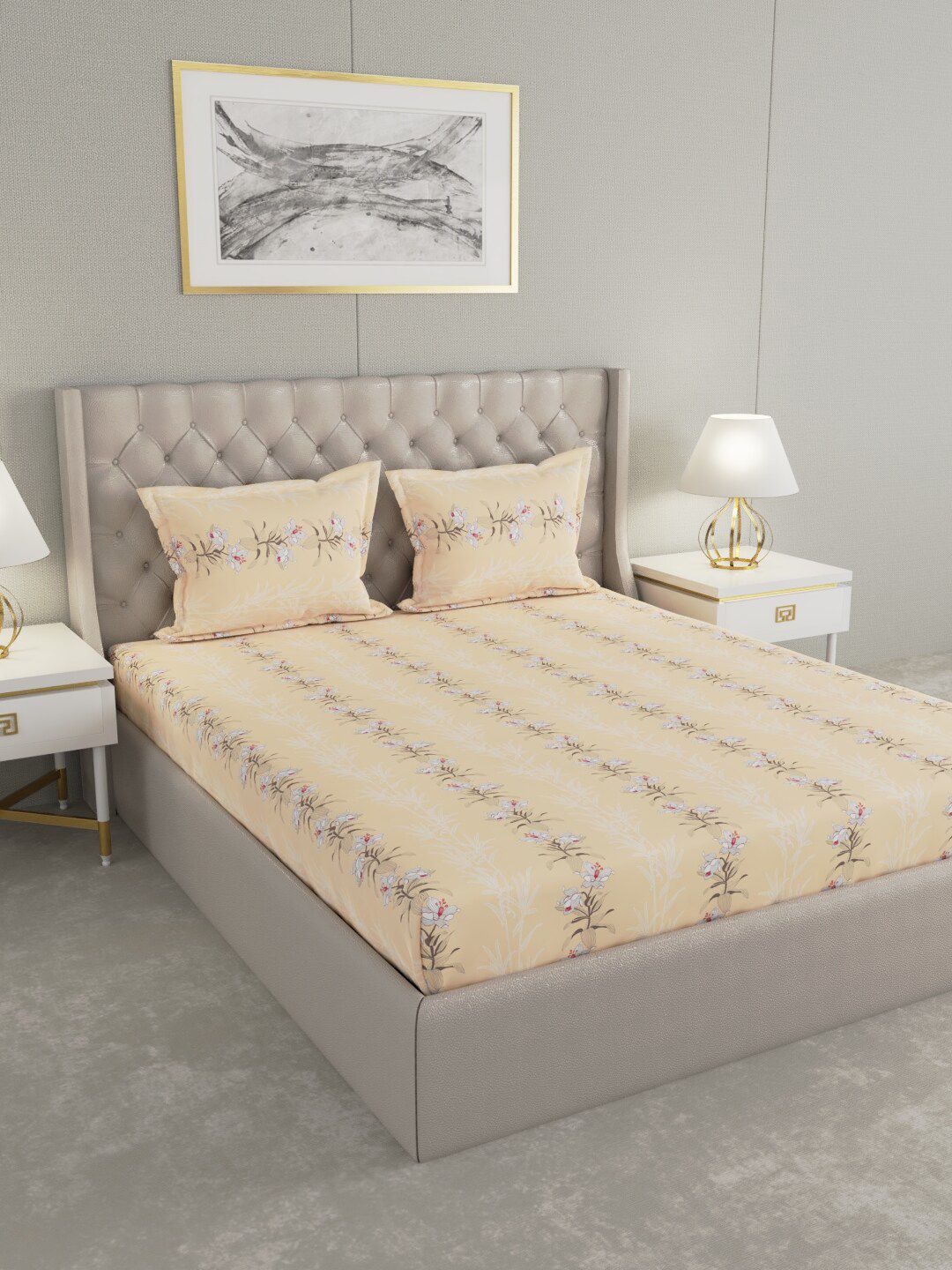 Raymond Home Beige Floral 104 TC Queen Bedsheet with 2 Pillow Covers Price in India