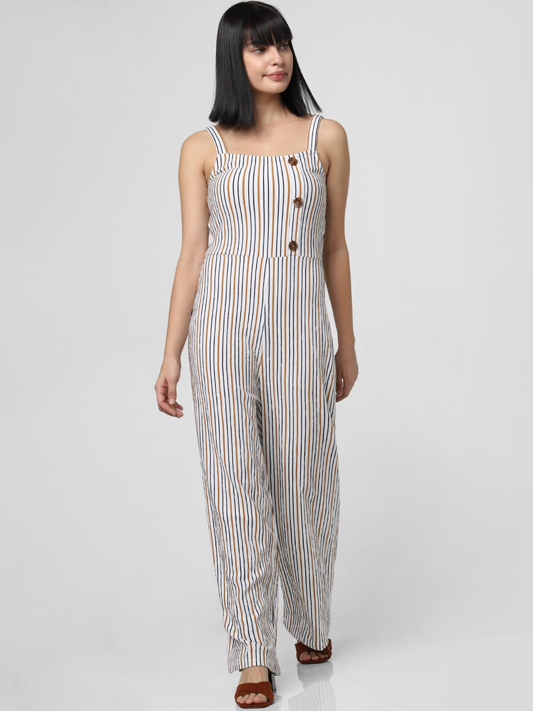 Vero Moda White & Beige Striped Basic Jumpsuit Price in India