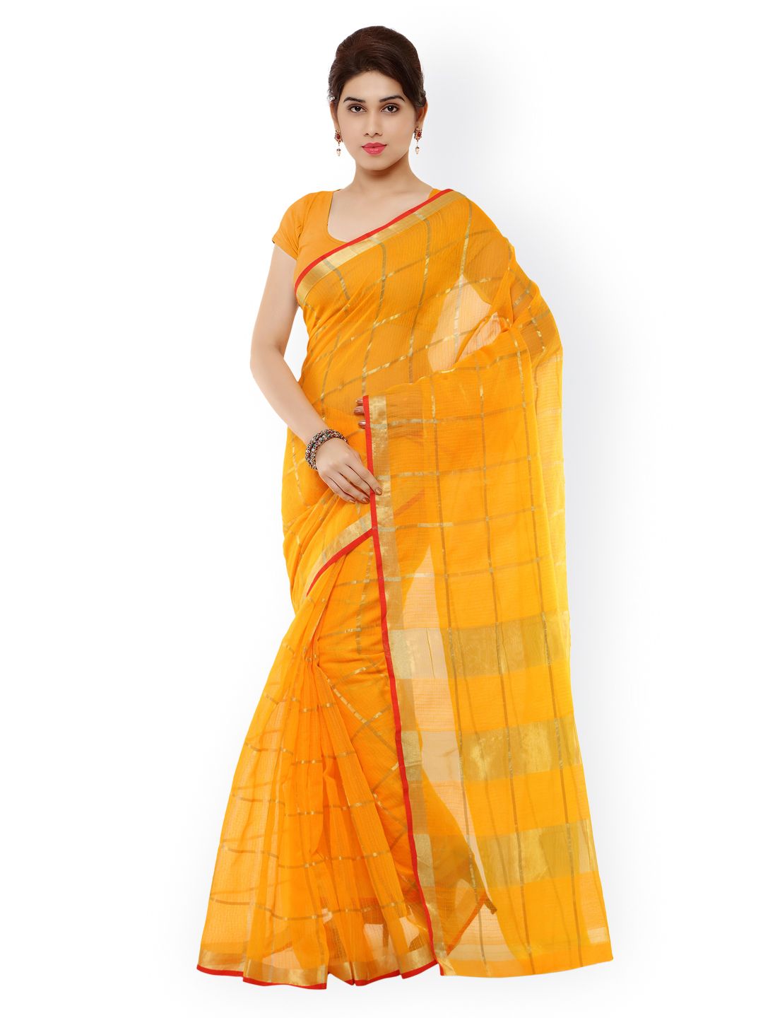 Kvsfab Yellow Checked Cotton & Silk Traditional Saree