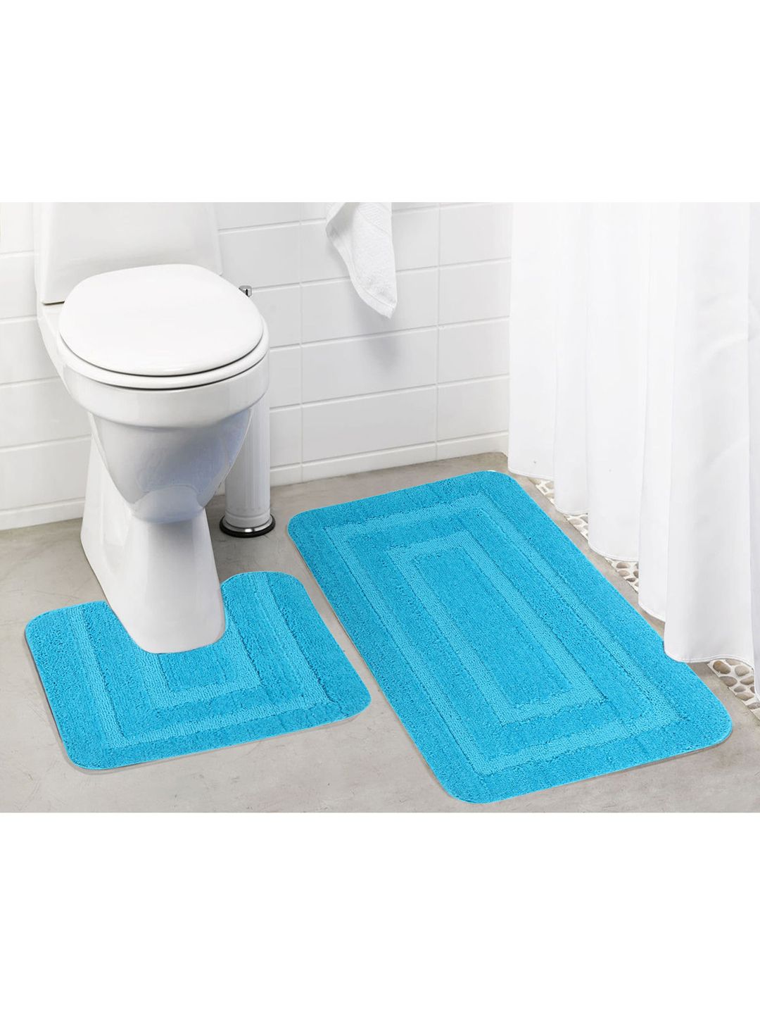 Lushomes Blue Set Of Self-Design Large Microfibre Anti-Slip Bath Rug With Contour Mat Price in India