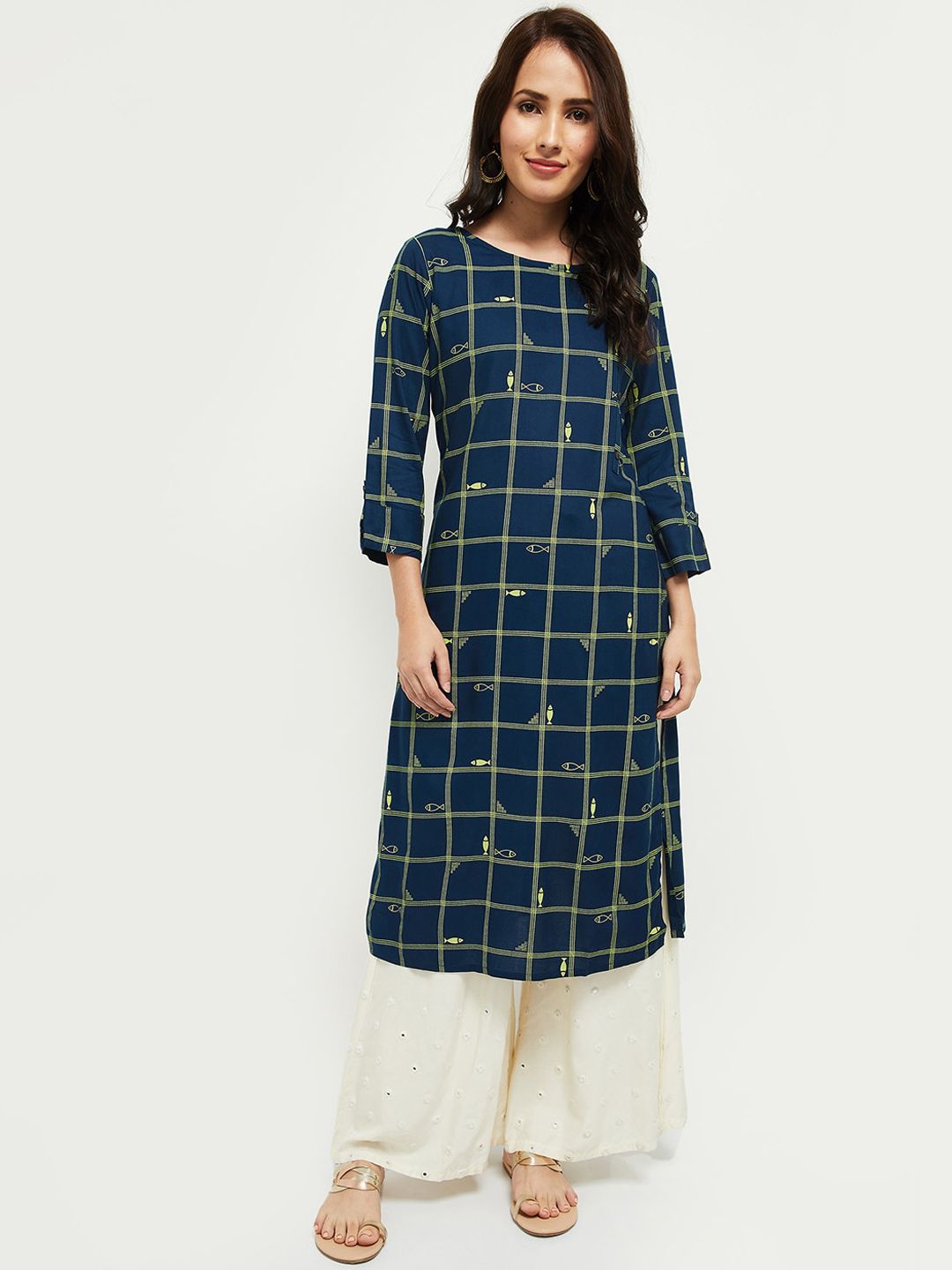 max Women Blue Checked Flared Sleeves Thread Work Kurta Price in India