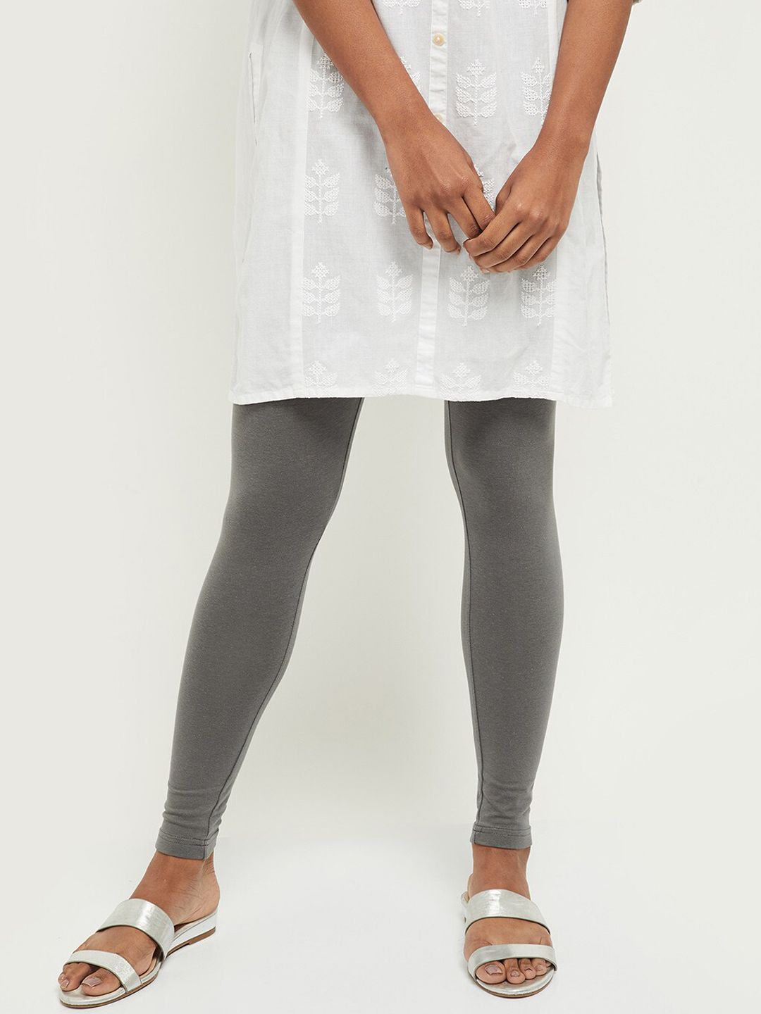max Women Grey Solid Ankle-Length Leggings Price in India