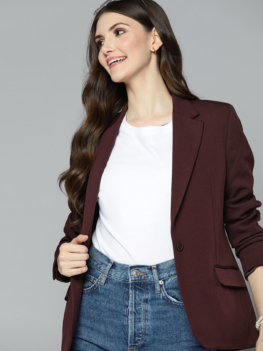 Mast & Harbour Women Maroon Regular Fit Single-Breasted Self Design Smart Casual Blazer Price in India