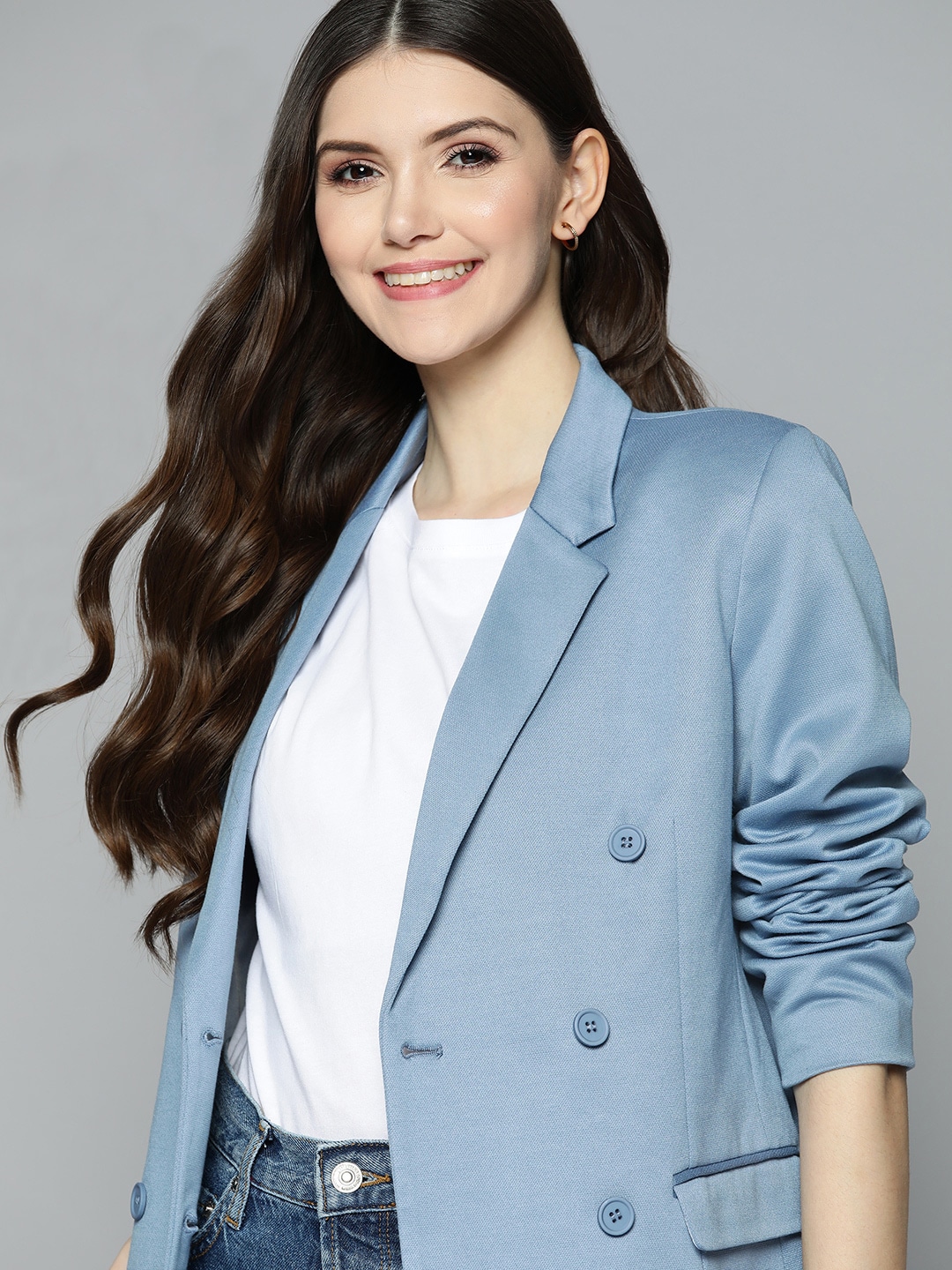 Mast & Harbour Women Blue Regular Fit Double-Breasted Self Design Smart Casual Blazer Price in India