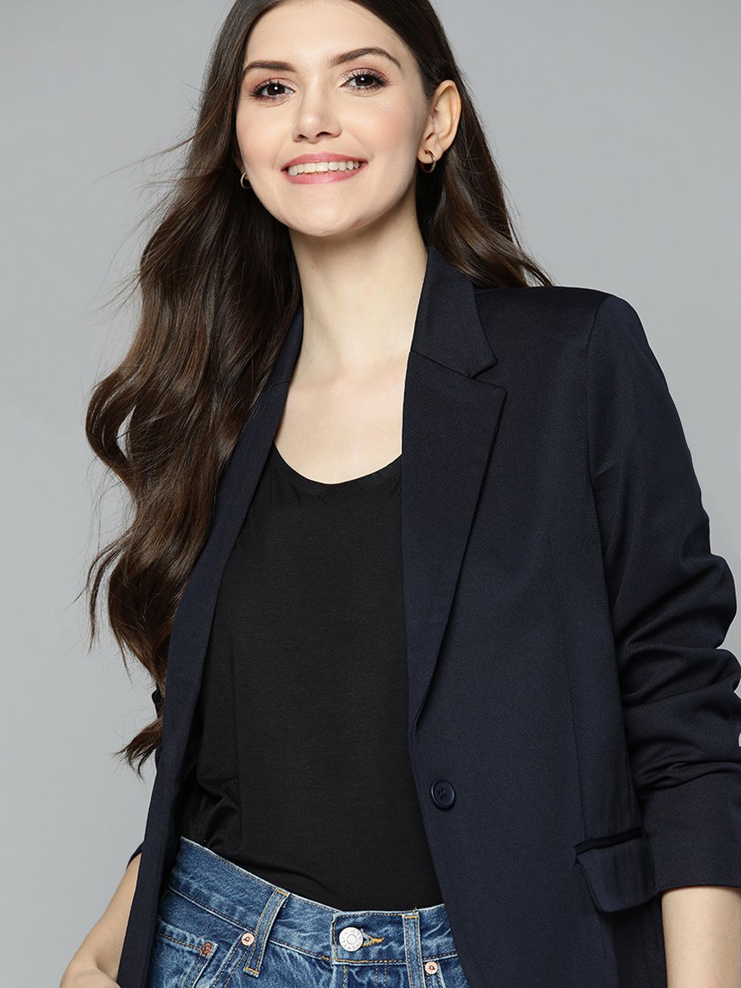 Mast & Harbour Women Navy Blue Solid Regular Fit Single Breasted Blazer Price in India