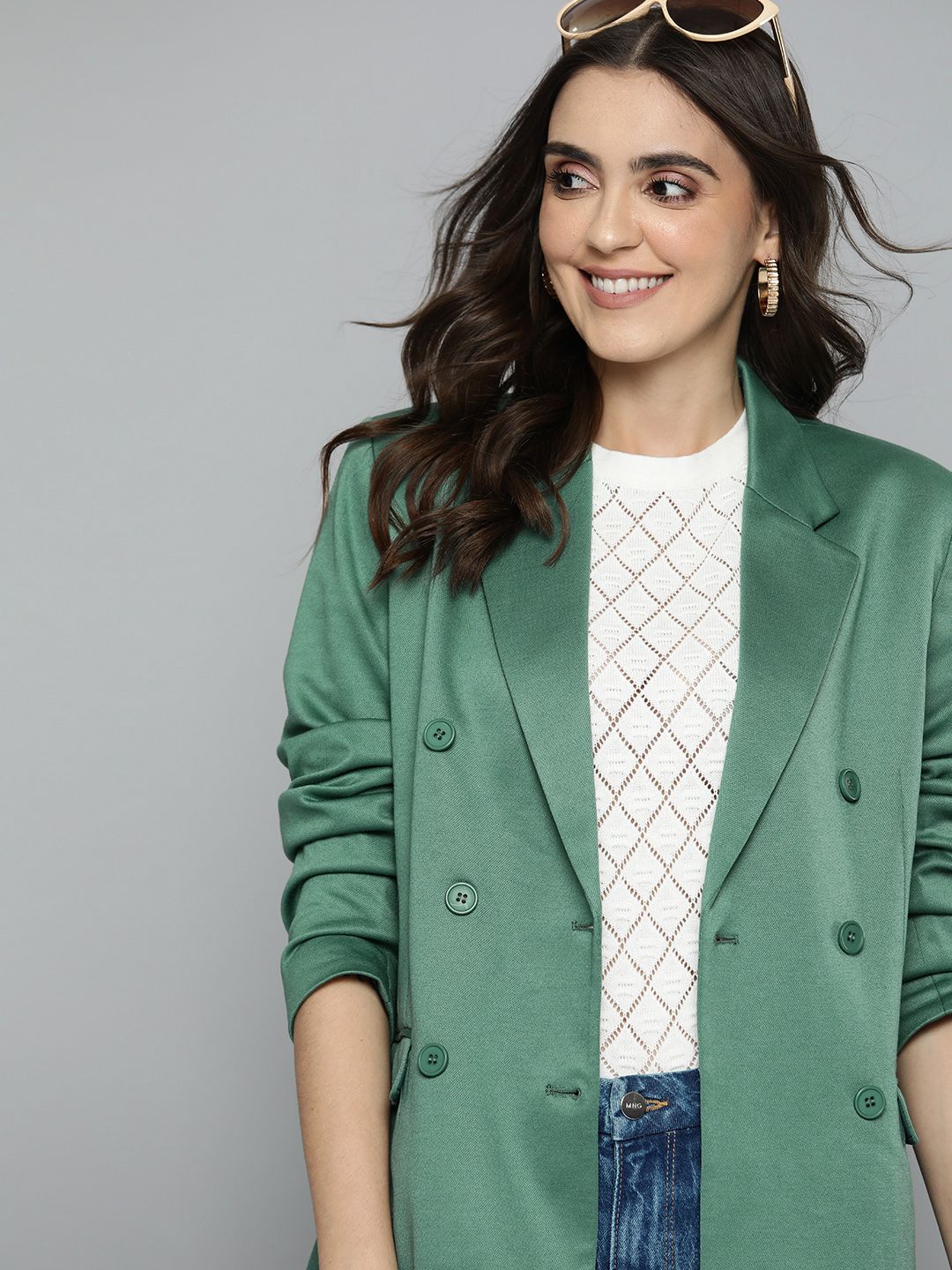 Mast & Harbour Women Green Regular Fit Double-Breasted Solid Smart Casual Blazer Price in India