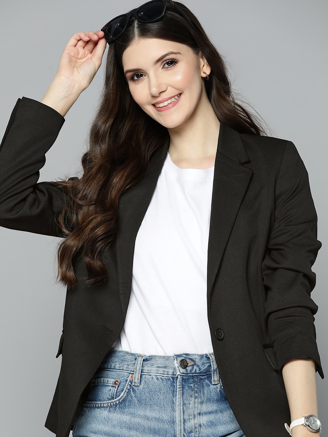 Mast & Harbour Women Black Solid Regular Fit Single Breasted Blazer Price in India