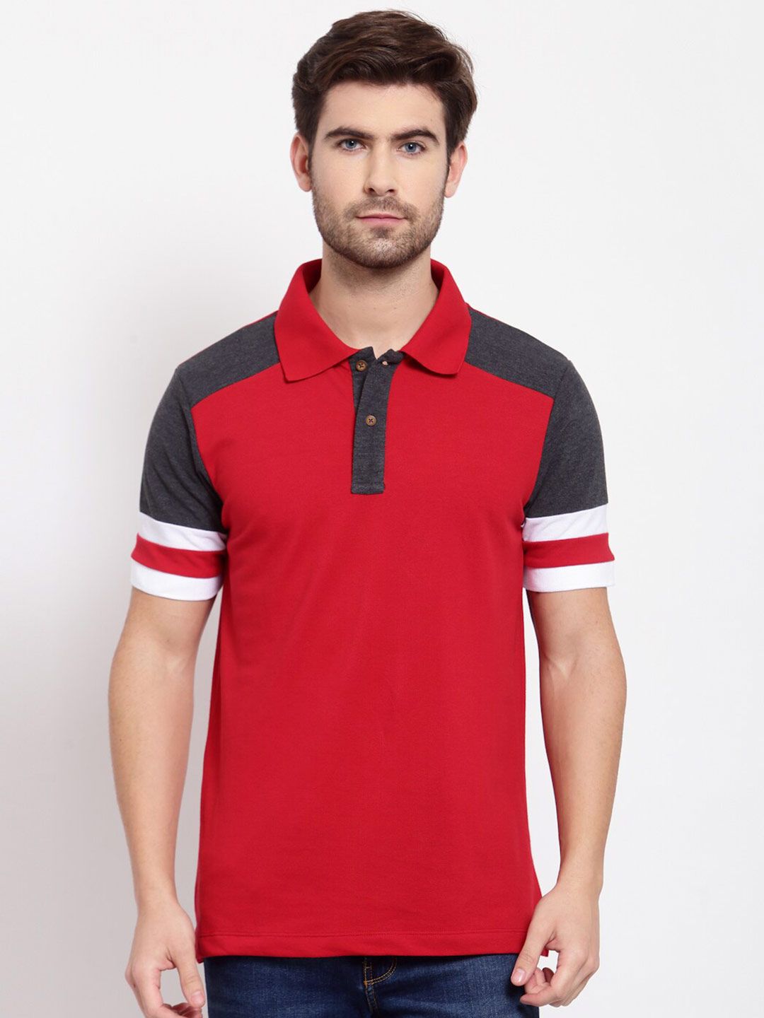 Kalt Men Red Colourblocked Polo Collar Applique T-shirt