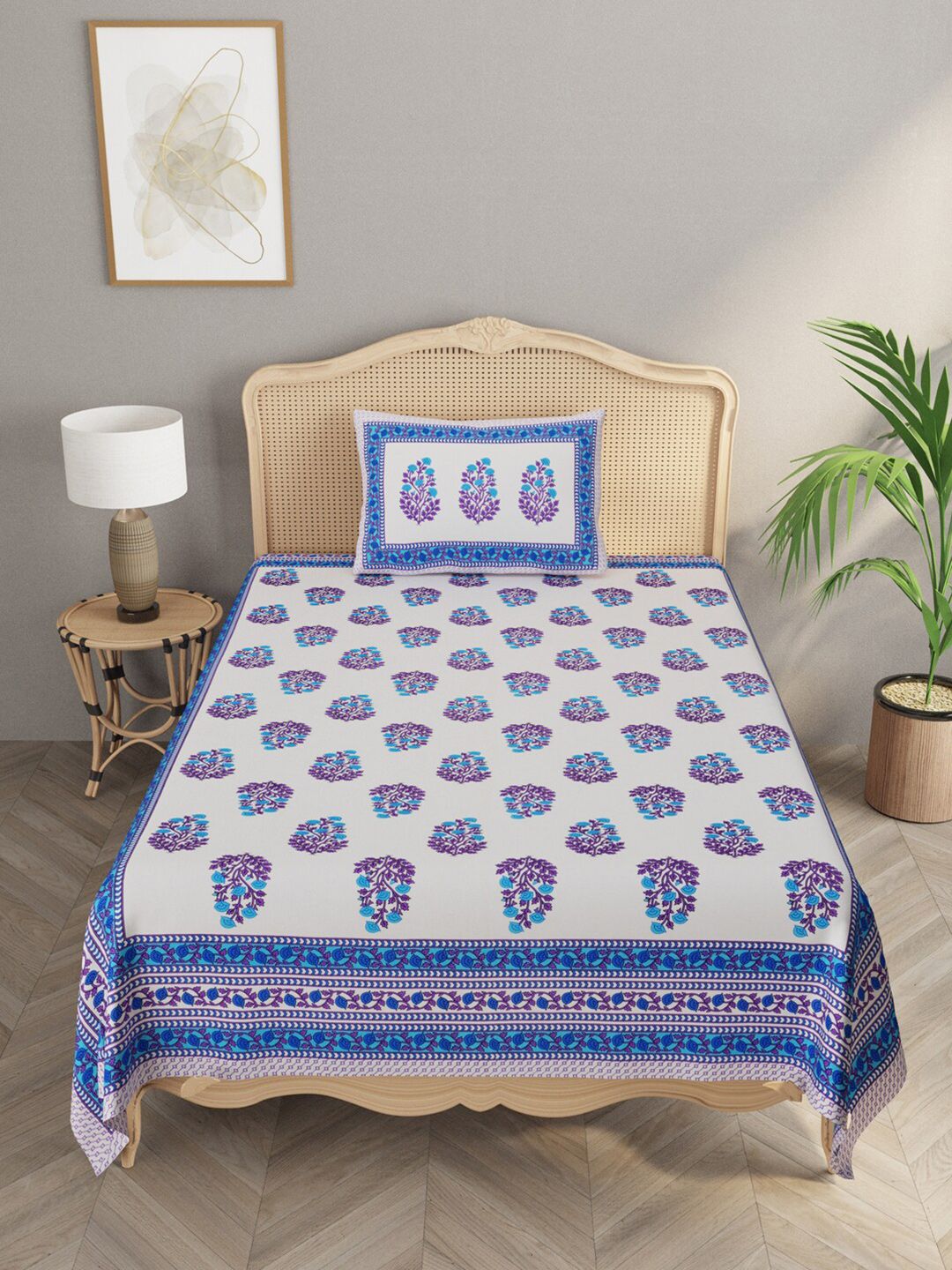 Gulaab Jaipur Blue & White Ethnic Motifs 600 TC Cotton Single Bedsheet with 1 Pillow Cover Price in India