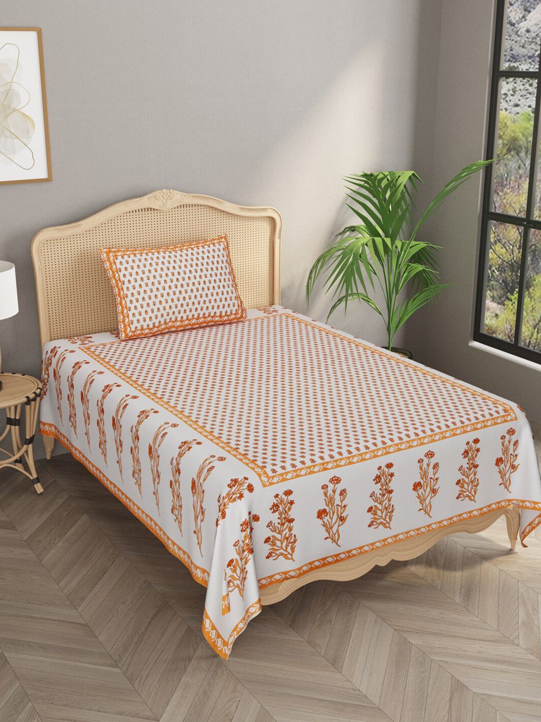 Gulaab Jaipur Orange & White Ethnic Motifs 600 TC Single Bedsheet with 1 Pillow Covers Price in India