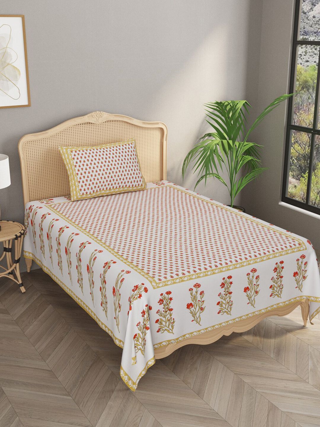 Gulaab Jaipur White & Cream-Coloured Ethnic Motifs 600 TC Single Bedsheet with 1 Pillow Covers Price in India