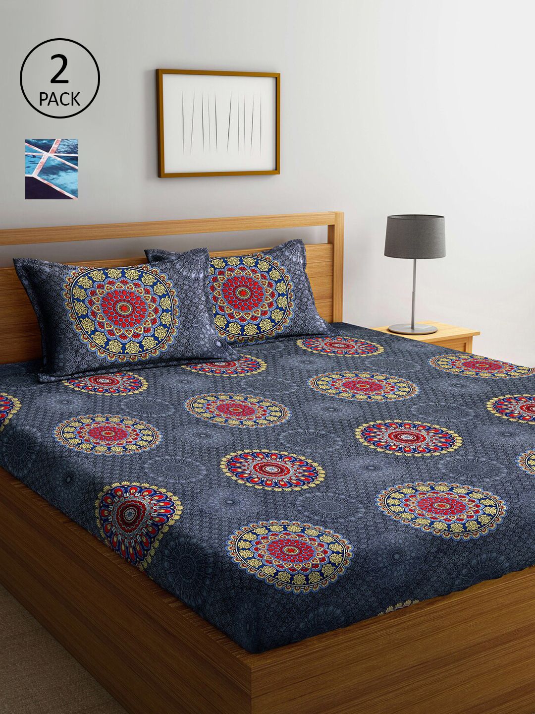 Arrabi Blue & Grey Ethnic Motifs 300 TC 2 King-Size Bedsheets with 4 Pillow Covers Price in India