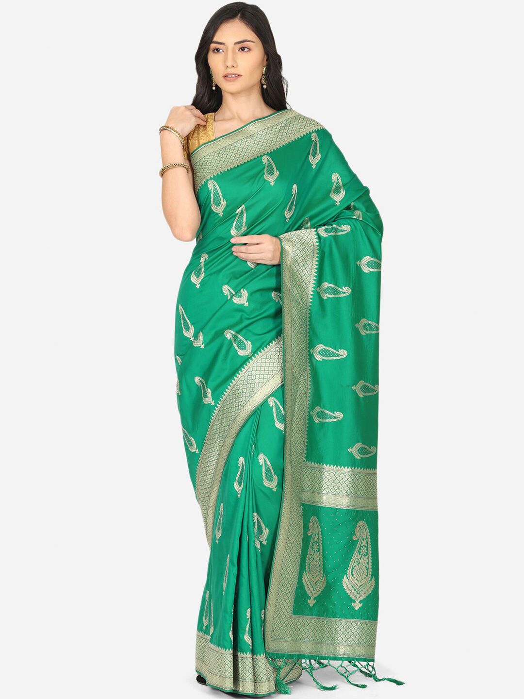 BOMBAY SELECTIONS Green & Silver-Toned Woven Design Zari Art Silk Banarasi Saree Price in India